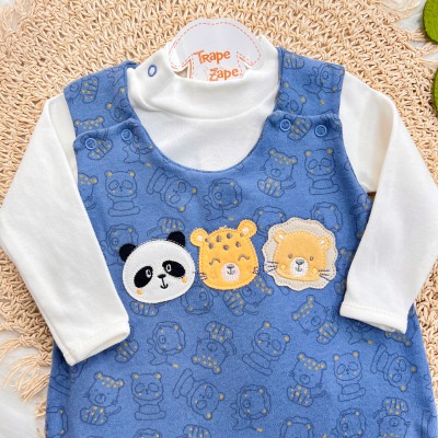 Conj. Body Manga Longa e Jardineira Suedine - Leão, Panda e Onça - Off White e Azul Jeans